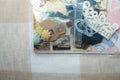 Scrapbooking supplies including stickers and lace on a textured surface